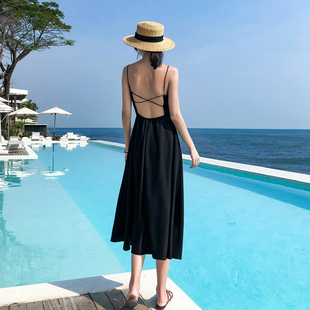 高腰小黑裙 性感露背吊带长裙交叉细肩带沙滩裙夏季 海边度假风女装