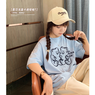 棉T恤 新款 青少年时尚 休闲上衣韩版 2024夏装 女大童奶蓝色卡通短袖