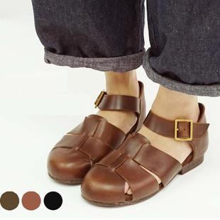 日本代购 正品 复古宽带包头纯皮网状中空编织包跟平底凉鞋 女鞋