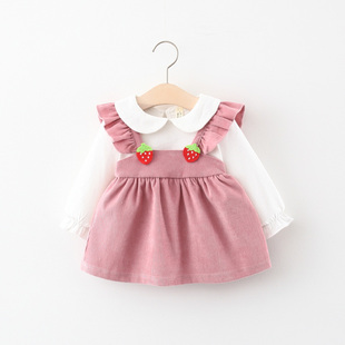 女童连衣裙春秋季 儿童小女孩草莓假两件裙子洋气婴儿宝宝秋装 裙衫