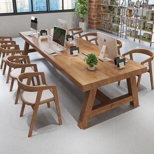 22实用实木办公桌工业风会议桌原木长桌北欧洽谈室长条桌桌椅组合