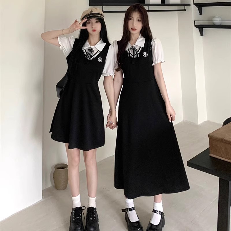 法式 学院风假两件黑色polo连衣裙子女大码 收腰显瘦气质A字裙 夏季