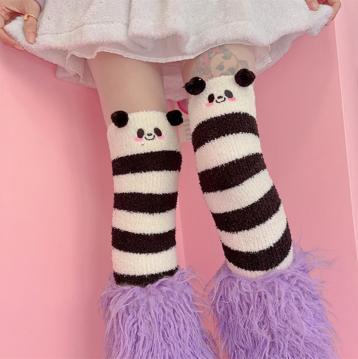 日系Y2K辣妹堆堆条纹可爱动物熊猫亚文化甜美软妹高筒上膝袜 包邮
