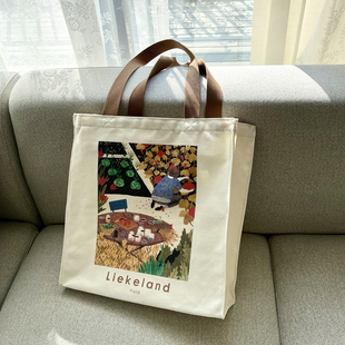 荷兰艺术家Liekeland插画帆布袋竖款 治愈印花环保购物袋通勤女包