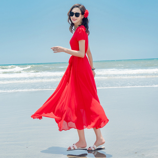 夏季 雪纺连衣裙海边度假海南三亚裙显瘦时尚 沙滩长裙 气质红色短袖
