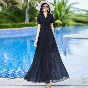 2024年夏季 黑色连衣裙时尚 假两件洋气减龄显瘦雪纺大摆长裙子 新款