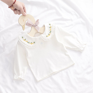 女童打底衫 纯棉新生婴儿T恤长袖 宝宝衬衣公主白色绣花翻领娃娃衫