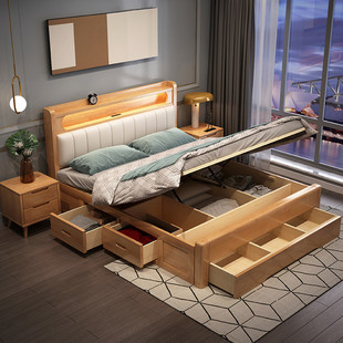 实木床现代简约1.8米主卧高箱储物床1.5m气压抽屉收纳北欧双人床