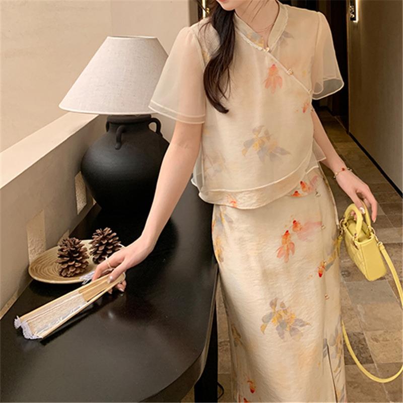 改良旗袍新中式 国风连衣裙套装 碎花显瘦两件套裙 女小个子2024夏季
