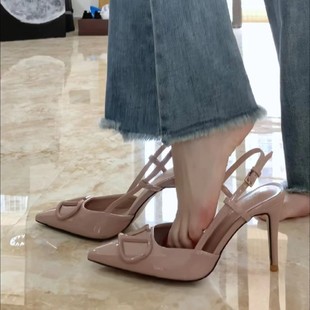 女2023夏季 新款 小香风设计感单鞋 甜美气质尖头细跟凉鞋 裸色高跟鞋