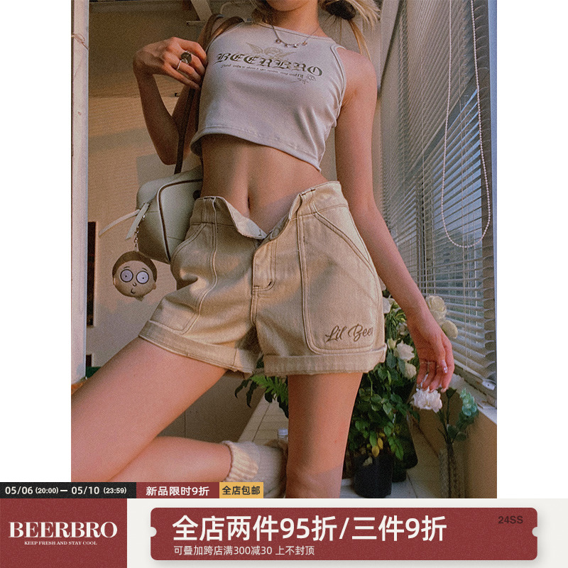 BeerBro美式 高腰a字显瘦阔腿热裤 女夏季 复古设计感明线休闲短裤