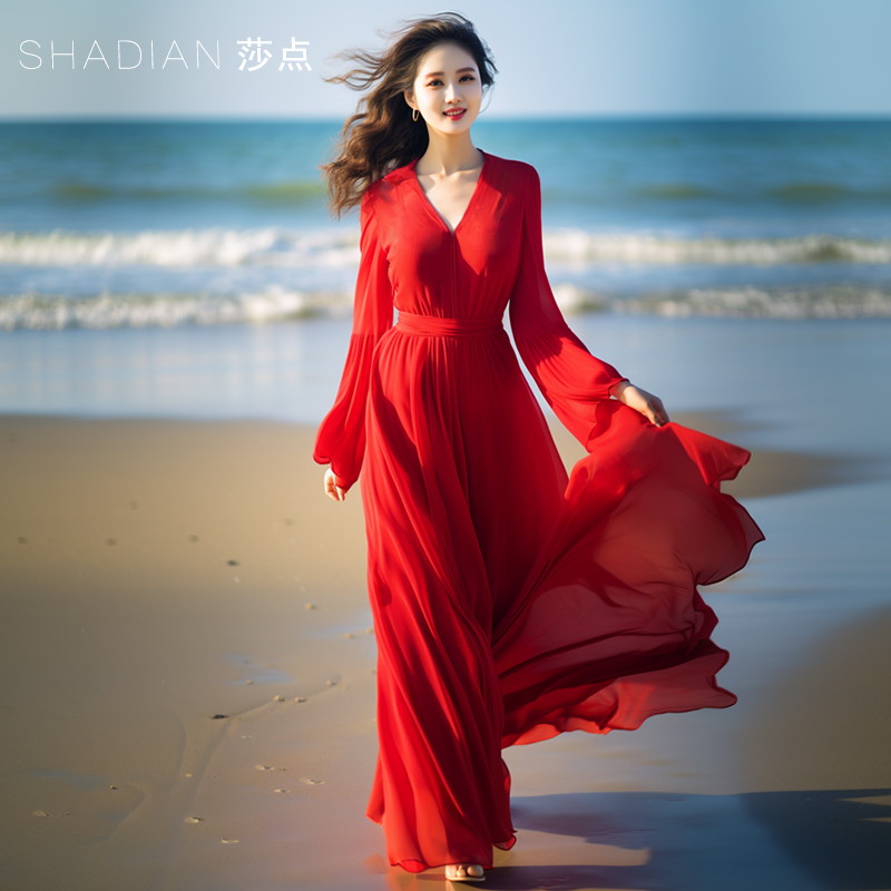 大摆裙长裙海边旅游度假沙滩裙 显瘦超长款 2024红色连衣裙V领修身