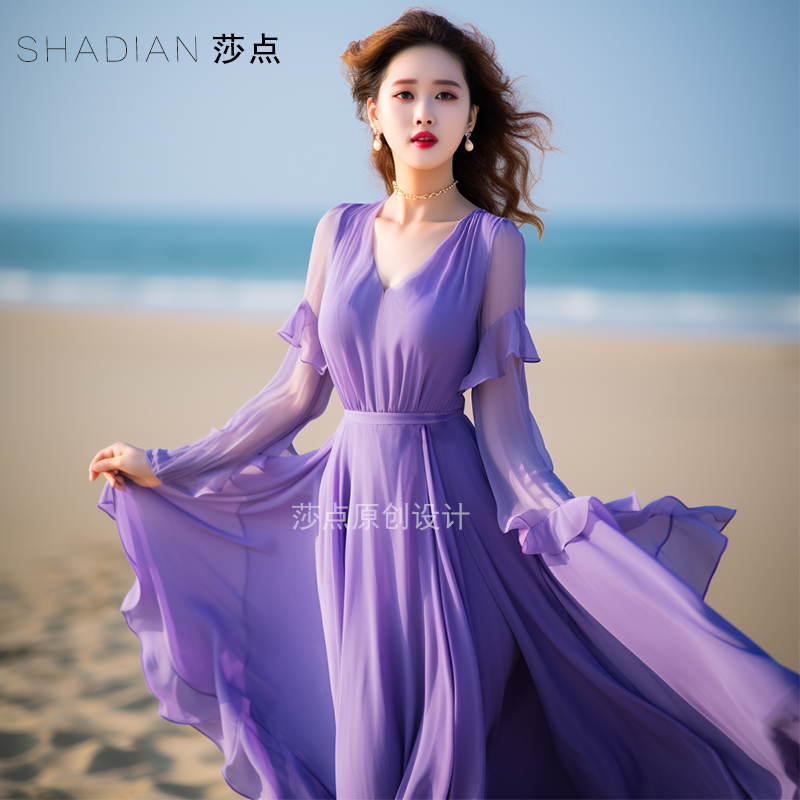 连衣裙雪纺长裙浪漫紫色裙子收腰显瘦海边度假裙沙滩裙 春夏新款