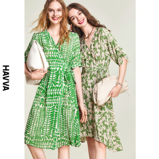 HAVVA2024夏季 新款 雪纺裙系带裙子Q2069 绿色连衣裙女气质v领修身