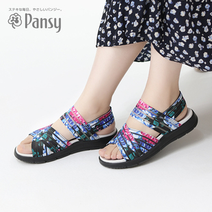 Pansy日本夏季 女士凉鞋 厚底交叉带平底软底轻便舒适妈妈凉鞋