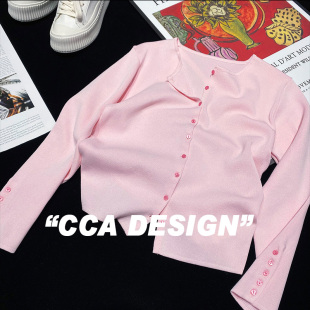 毛衣外套女 子纽扣长袖 针织衫 短款 圆领袖 CCA自制少女粉色小扣开衫