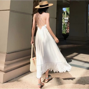 泰国度假露背长裙超仙白色连衣裙2024新款 女夏季 海边拍照裙子 法式