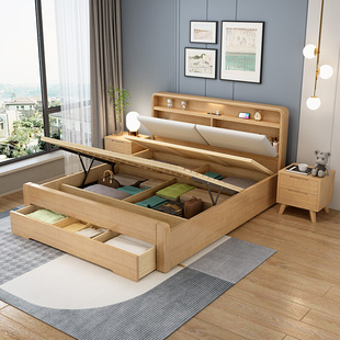 白色实木床高箱抽屉储物床1.8米主卧双人床1.35m现代简约气压收纳