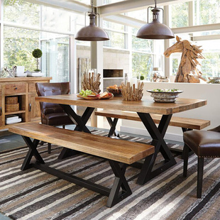 长方形实木餐桌椅组合家用饭桌复古工业风长条咖啡桌简约 美式