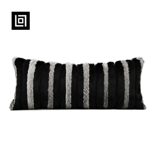 现代轻奢样板间高档客厅沙发黑灰条纹真毛长方形抱枕床上腰枕靠垫