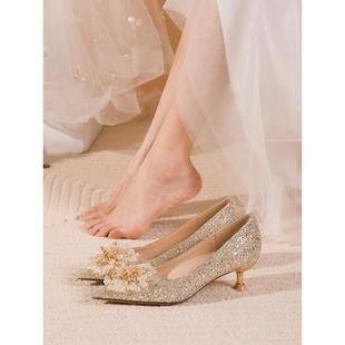 主婚纱高跟鞋 金色婚鞋 女3cm低跟单鞋 2023年新款 订婚水晶鞋 新娘鞋