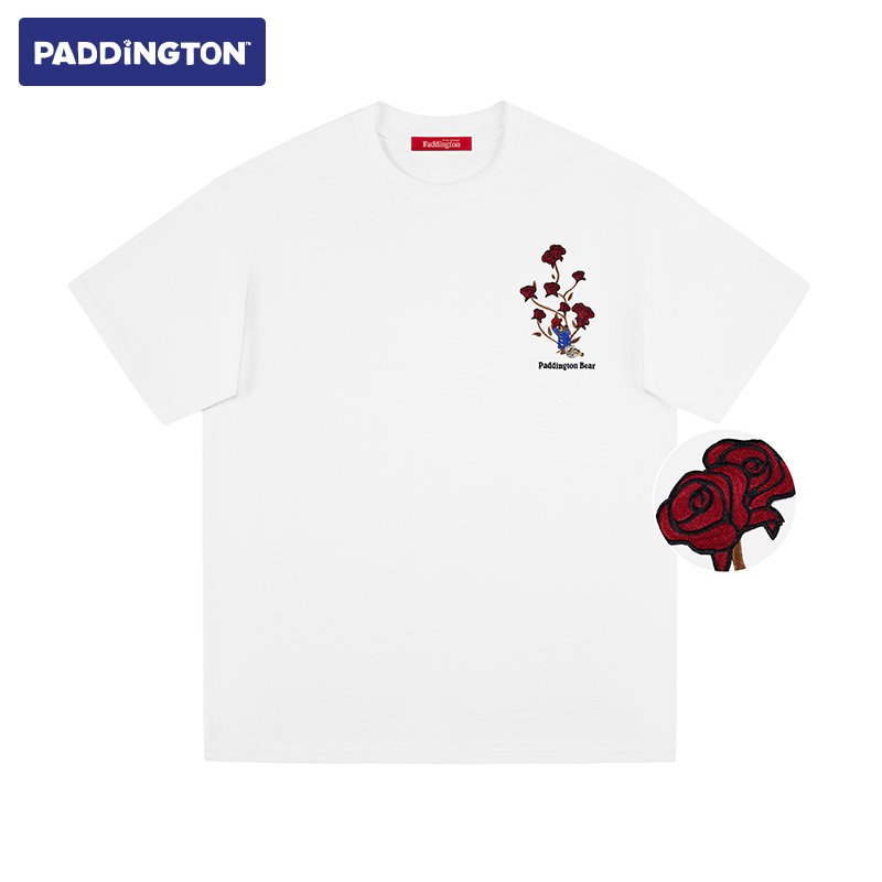 帕丁顿熊 男女同款 T恤 卡通小熊绅士玫瑰刺绣宽松休闲情侣短袖