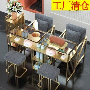 金色修甲桌双层玻璃单双人经济型美甲台 清仓北欧网红美甲桌椅套装