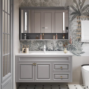 卫生间洗脸池智能储物镜白色 浴室柜组合一体陶瓷盆悬空壁挂式 美式