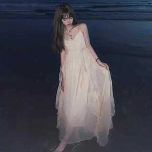 仙女裙吊带连衣裙海边度假连衣裙子夏季 沙滩吊带裙长裙新白色三亚
