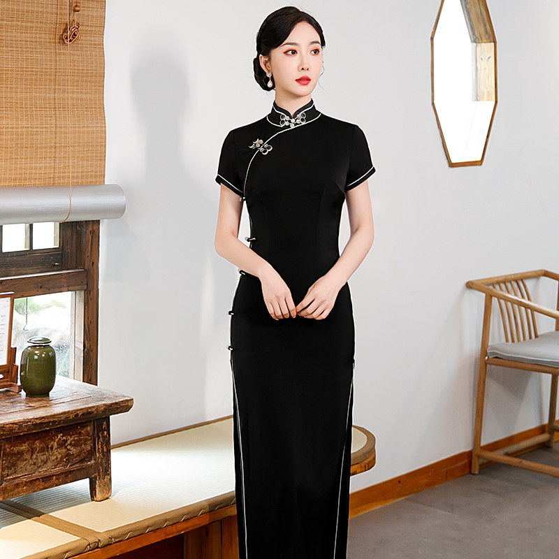 盘扣高端显瘦气质优雅 中国风复古短袖 黑色老上海长旗袍2022年新款