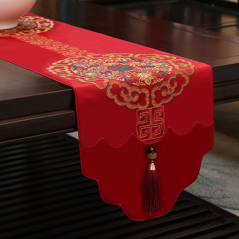 茶几茶旗茶台茶席电视柜长条桌布轻奢高端 桌旗结婚红色床旗新中式