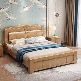1.8米主卧双人床简约现代经济型1.5m单人储物高箱婚床 床实木中式