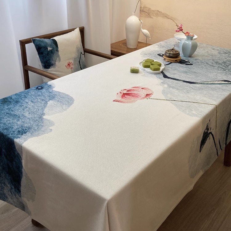 桌布加厚棉麻椅垫书桌布棉麻长方形家用 日式 桌布水墨画荷花新中式