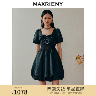 商场同款 小黑莓裙 MAXRIENY蕾丝镂空花苞连衣裙夏日甜美泡泡袖