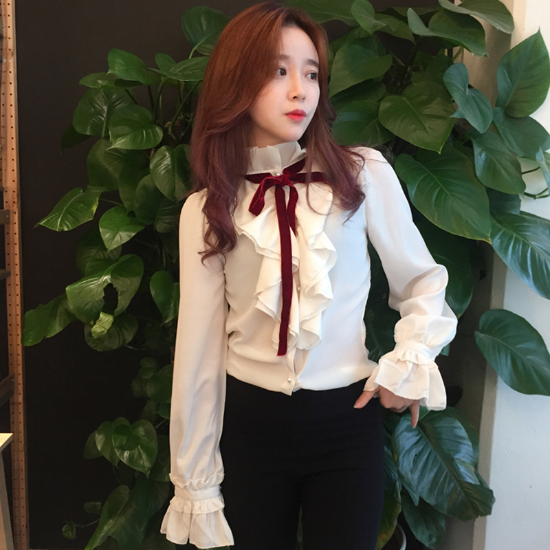 韩国新款 荷叶边上衣打底衫 女长袖 仙女范宫廷风白色蝴蝶结立领衬衫