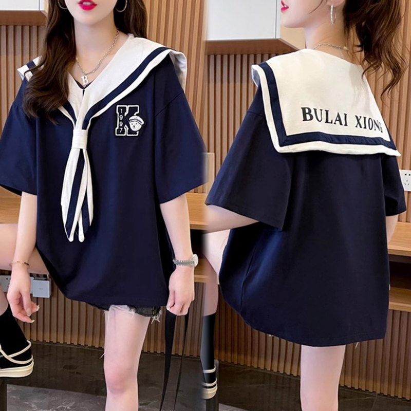 T恤女夏季 大码 宽松百搭设计感上衣潮 新款 女装 韩版 海军领刺绣短袖