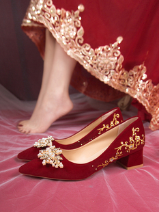 不累脚 女秀禾婚纱两穿2024新款 红色高跟鞋 孕妇伴娘新娘鞋 婚鞋 中式