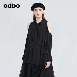 女春季 odbo 上衣 新款 欧迪比欧时尚 长袖 设计感小众露肩黑色衬衫