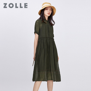 抽绳短袖 显瘦女裙子 新款 连衣裙POLO领翻领中长款 ZOLLE因为夏季