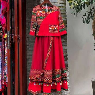 中国风女装 春秋丽江云南服装 裙子 女民族风棉麻两件套红色舞蹈套装