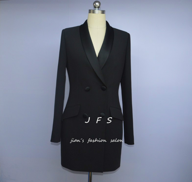 JFS原创设计欧美范新款 西装 包臀中长款 缎面青果领双排扣修身