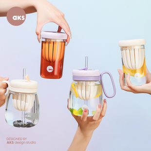 AKS茶水分离花茶杯吸管玻璃杯女泡茶杯大容量网红水杯大肚杯子.