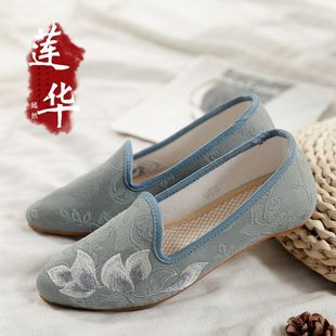 布鞋 新款 休闲女单鞋 中国风汉服搭配中式 复古鞋 水墨荷花刺绣花时尚
