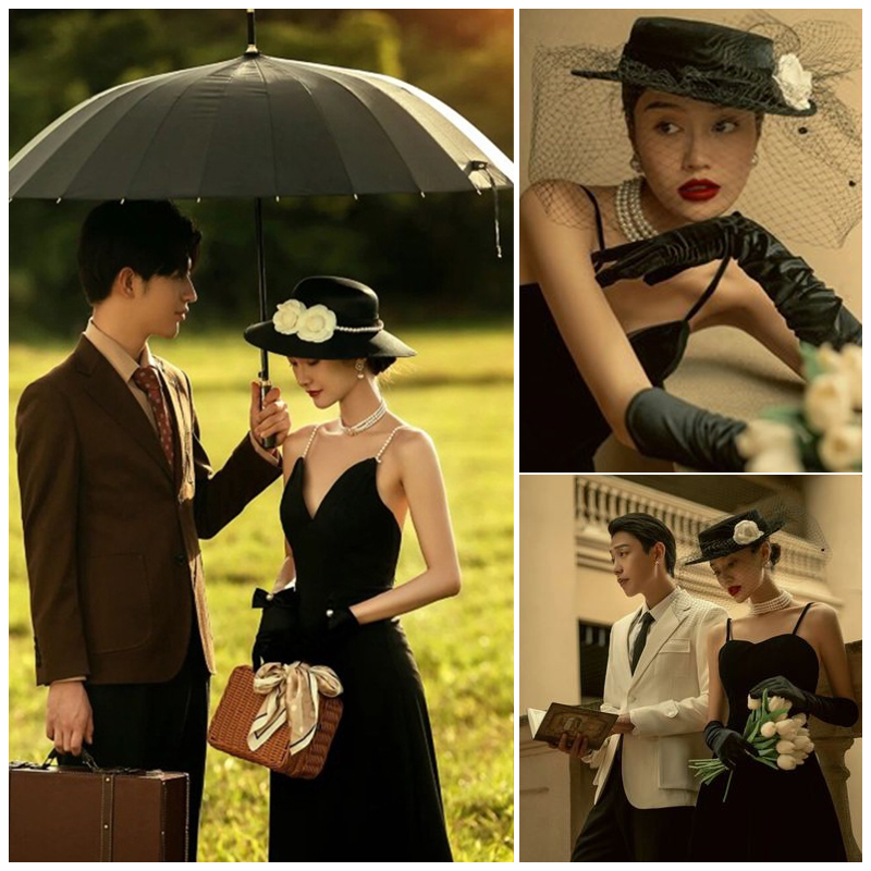 复古英伦帽子外景街拍珍珠手包 赫本风婚纱摄影道具大黑伞法式 新款