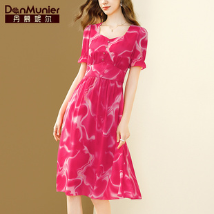 丹慕妮尔法式 女装 新款 气质高腰中长裙 优雅红色雪纺连衣裙夏季