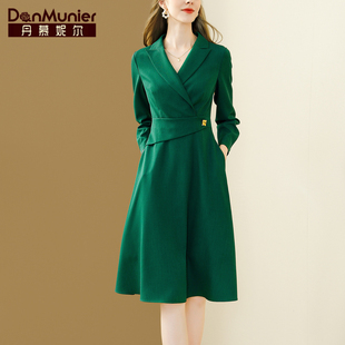 丹慕妮尔绿色法式 小众西装 气质收腰中长裙子 连衣裙女春秋新款