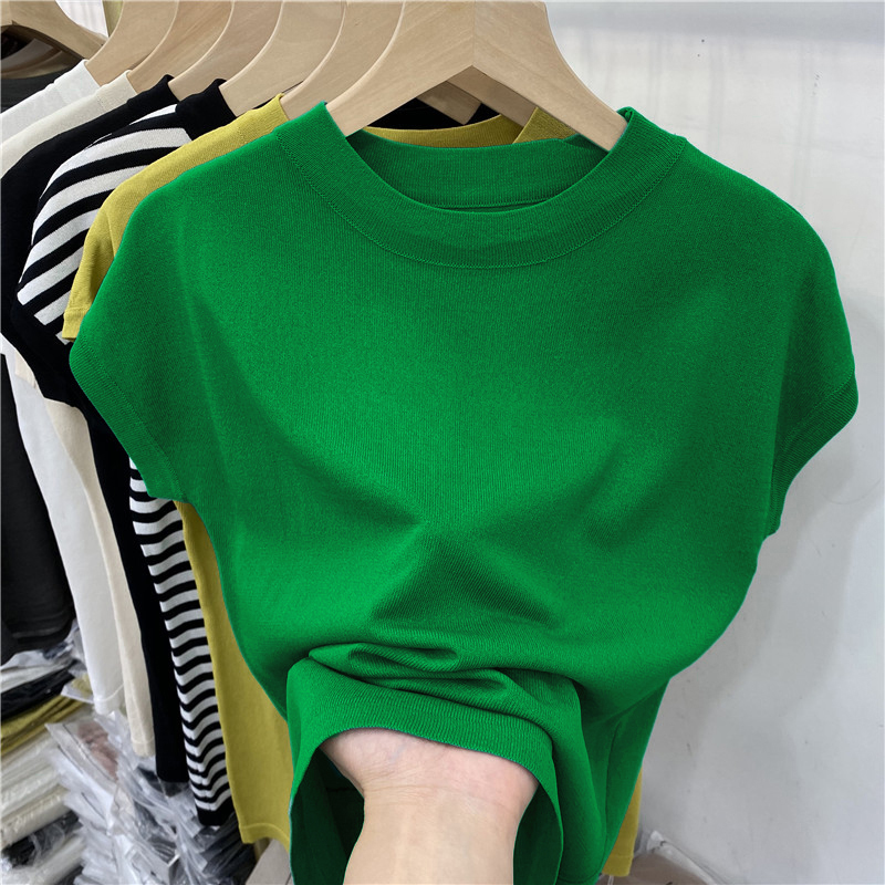绿色半高领t恤女短袖 2024年夏季 冰丝针织设计感小众打底上衣 新款