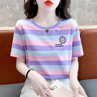 纯棉紫色条纹短袖 韩版 新款 宽松设计感百搭圆领体恤 t恤女2024夏装
