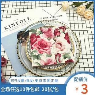 厂家直销 新款 婚庆酒店方形纸巾餐垫 ins玫瑰花彩色印花餐巾纸