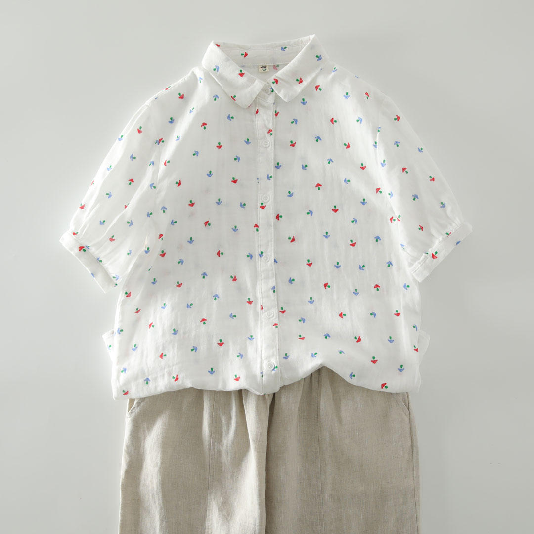 夏季 衬衫 甜美彩色小蘑菇印花纯棉双层纱短袖 女小清新碎花衬衣 新款